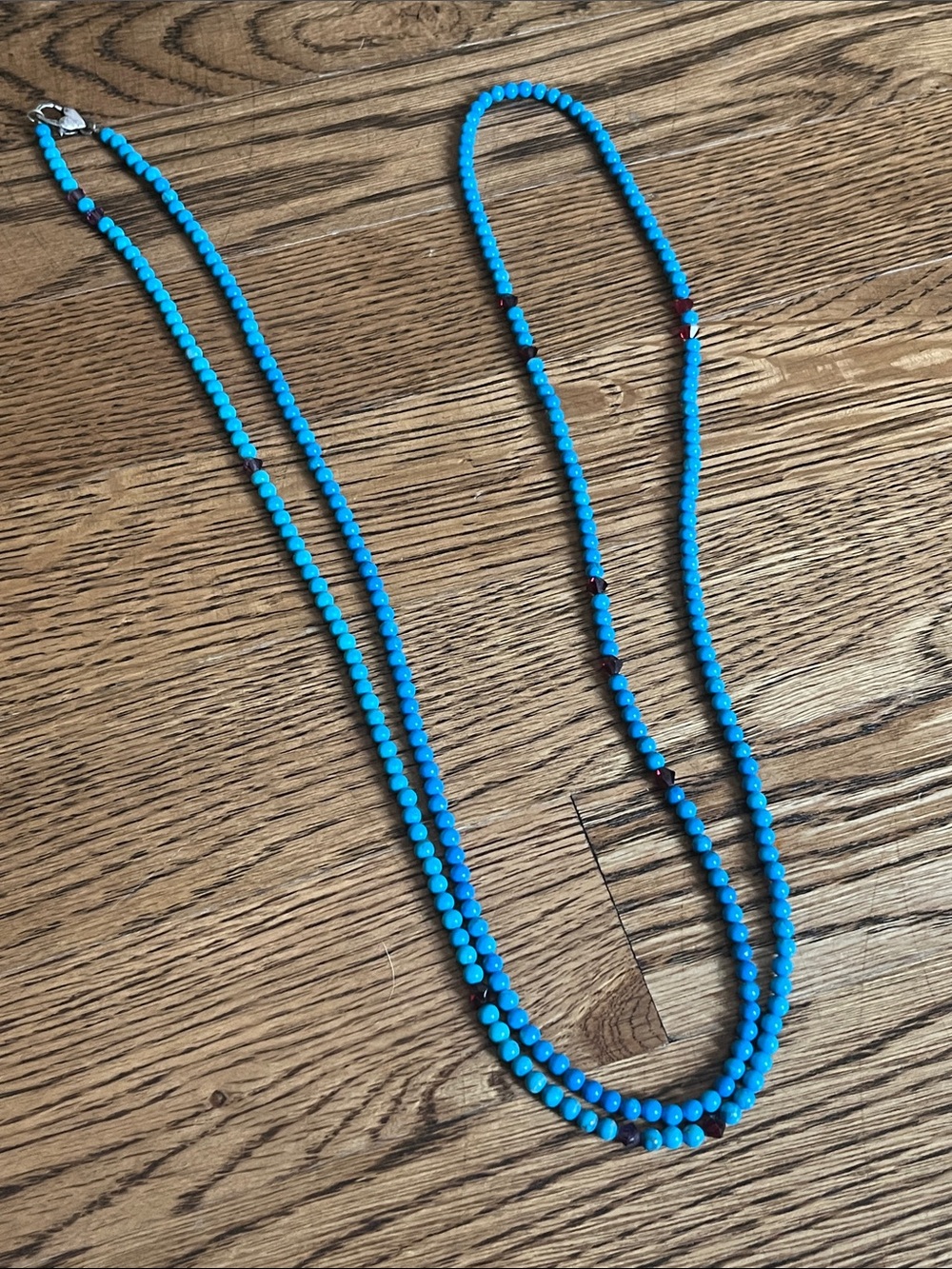 Long Turquoise Beaded Necklace with red and pink accent beads